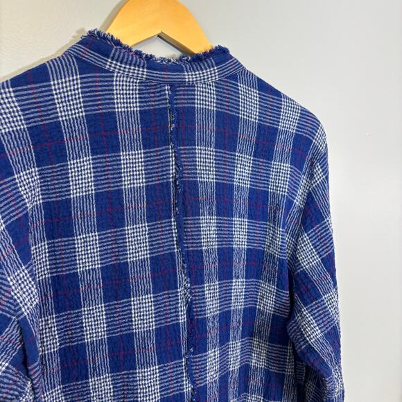 Lagenlook Blue Plaid Frayed Edge Button Top L Habitat Cotton Shirt | Soft Summer - Picture 5 of 13